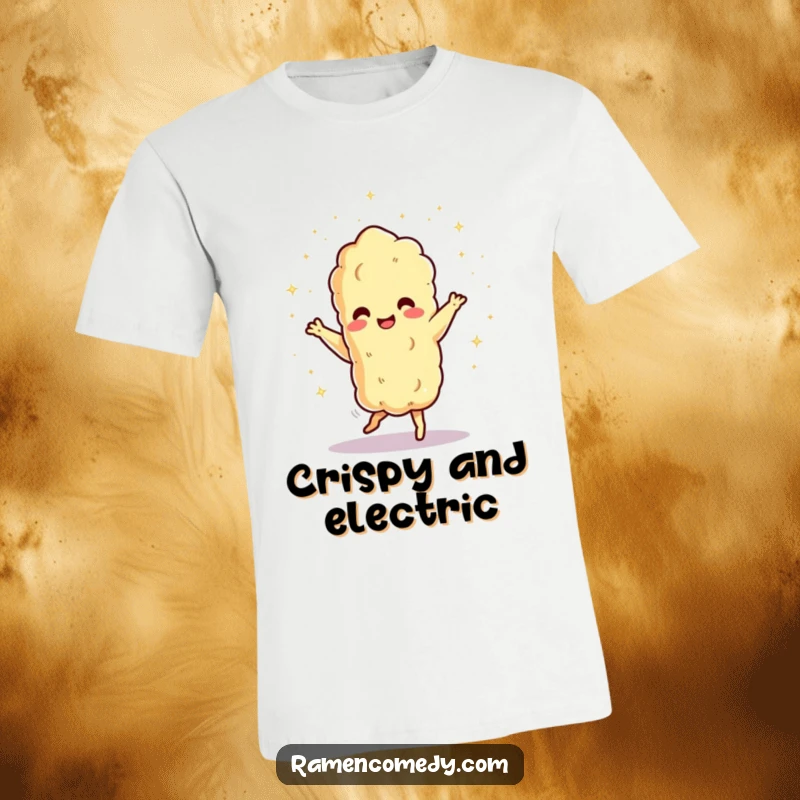 Funny dancing tempura character showering tiny sparks. Lively and humorous foodie shirt, great funny gift.