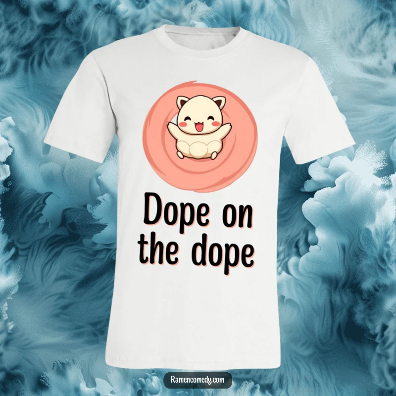 Funny t-shirt graphic of a beaming dumpling happily bouncing on a colorful naruto swirl, radiating pure, unadulterated joy.