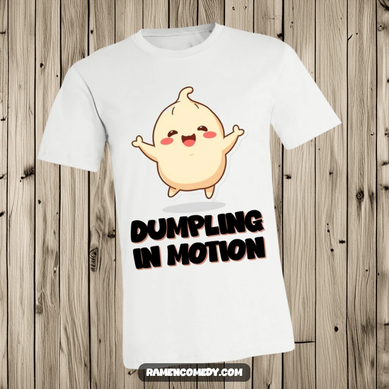 Funny cheerful dumpling character happily bouncing. Cute and humorous foodie shirt, great funny gift.