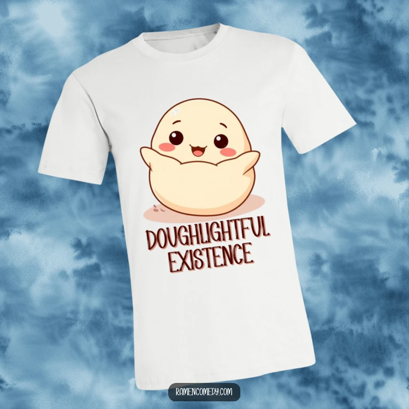 Funny cheerful dumpling rolling enthusiastically towards the viewer, cute cartoon food t-shirt.