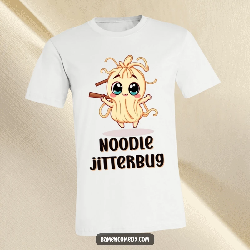 Funny T-Shirt depicting a wiggly noodle creature with large, expressive eyes playfully dancing around a chopstick, full of energy.