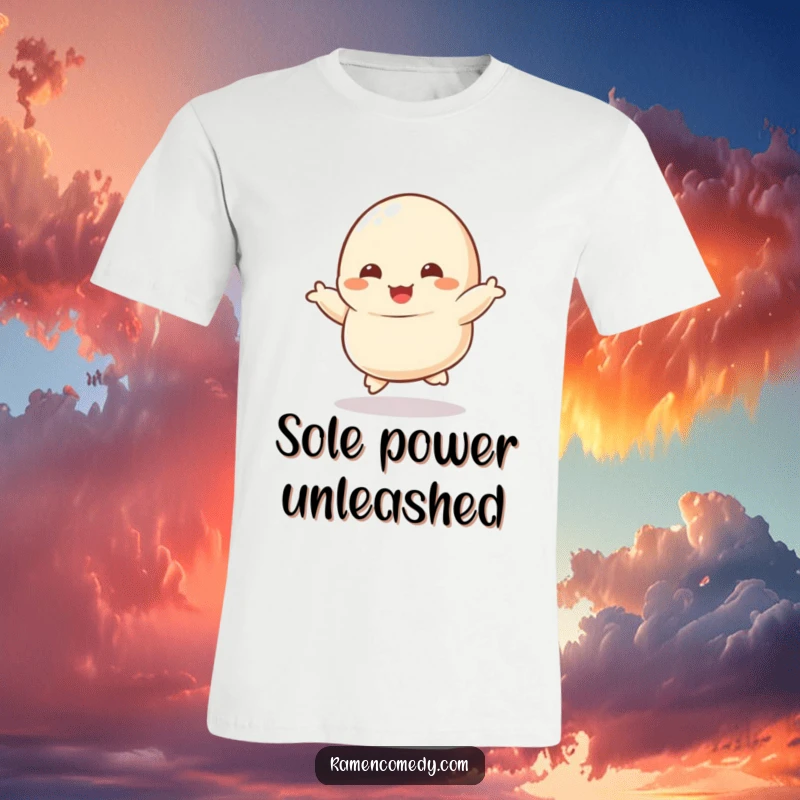 Funny t-shirt showcasing a dancing dumpling character with its tiny feet enthusiastically kicking in a joyful, energetic motion.