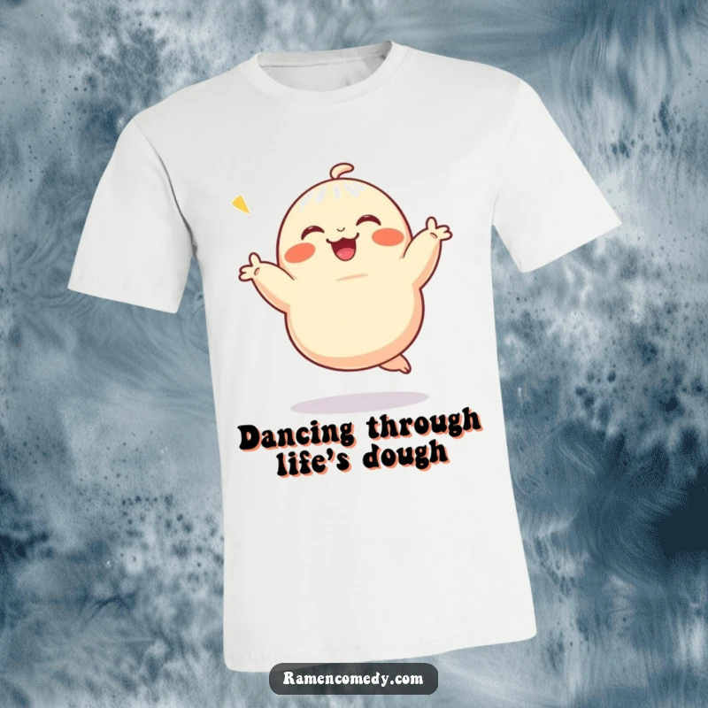 Funny T-Shirt showcasing a jubilant dumpling character in mid-dance, full of energy and goofy delight, perfect for casual wear.