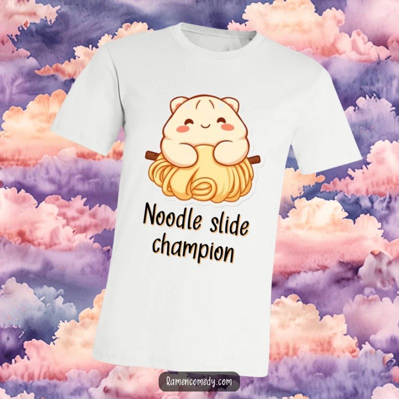 Funny dumpling t-shirt featuring a smiling dumpling character with rosy cheeks having a fun time sliding down a slippery noodle.