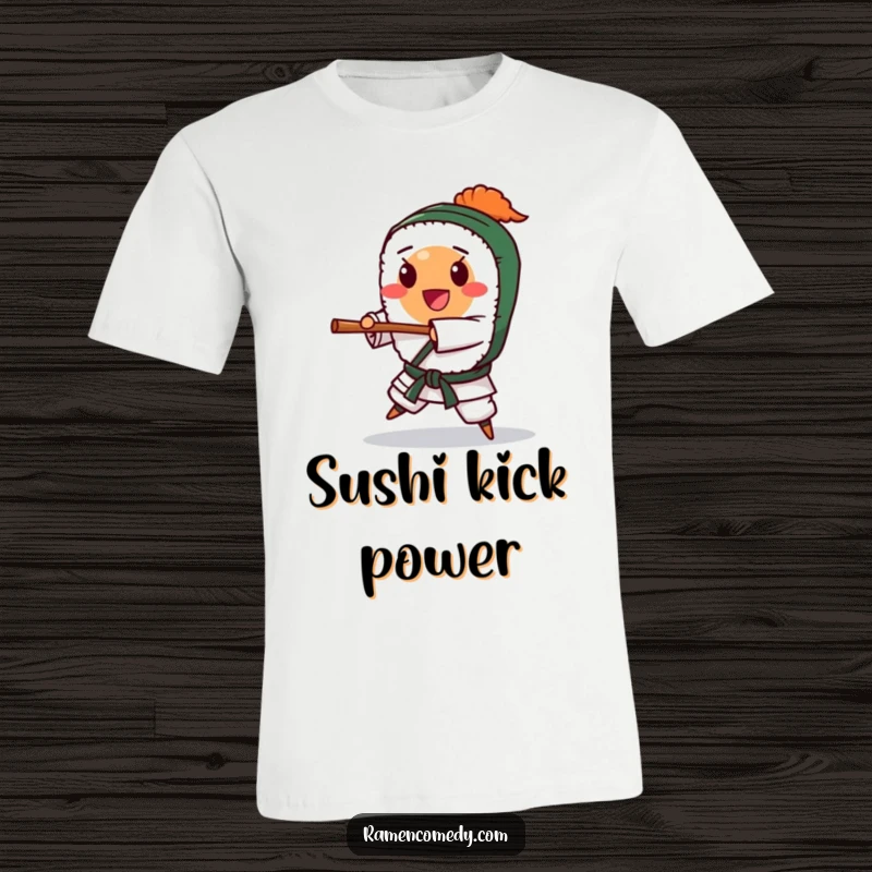 Funny happy sushi roll character delivering a karate chop. Energetic and humorous foodie shirt, great funny gift.