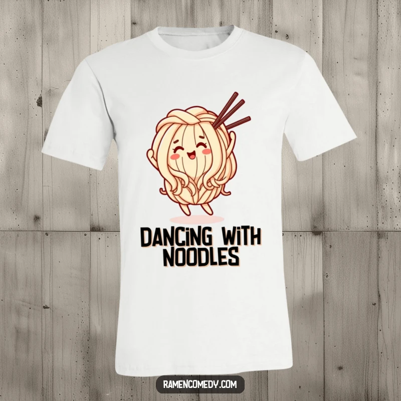 Funny T-Shirt: A cheerful udon noodle character with a friendly face happily dances while holding chopsticks.