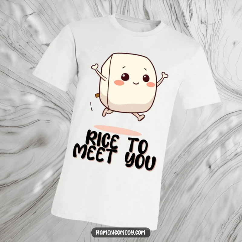 Funny t-shirt showcasing an energetic smiling onigiri character in mid-air leap, celebrating food and fun.