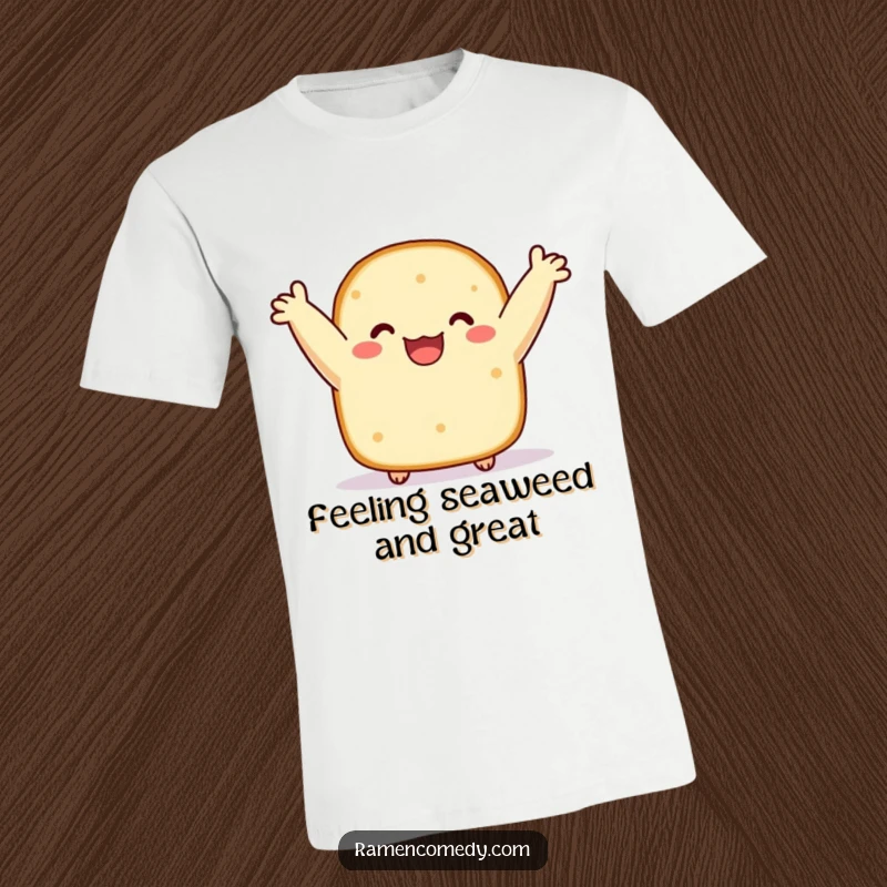 Funny T-shirt featuring a cheerful slice of sushi nori with arms raised, joyfully bobbing. A playful, food-themed graphic tee.