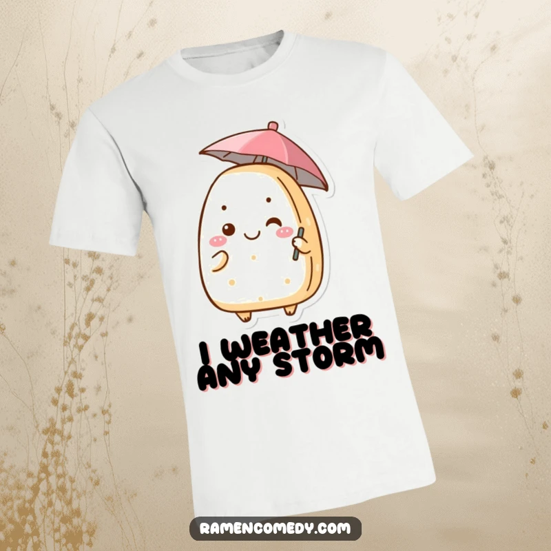 Funny onigiri t-shirt showcasing a happy rice ball character holding a miniature umbrella, perfect for casual wear.