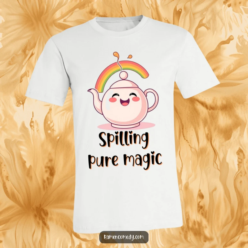 Funny Rainbow Spout T-Shirt featuring a cheerful teapot character comically exuding a vibrant rainbow instead of pouring tea.
