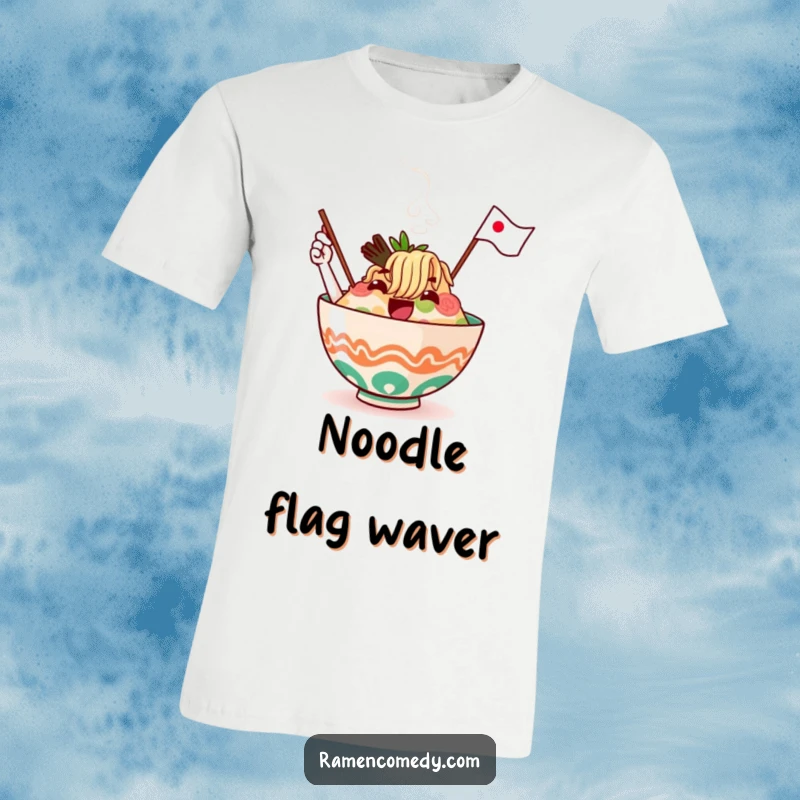 Funny ramen bowl character with steam and a waving flag, featured on a comfortable and fun t-shirt.