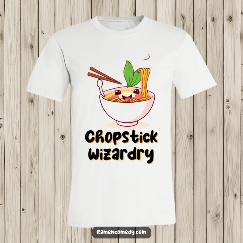 Funny t-shirt design of a smiling ramen bowl expertly juggling multiple chopsticks with a cheerful expression.