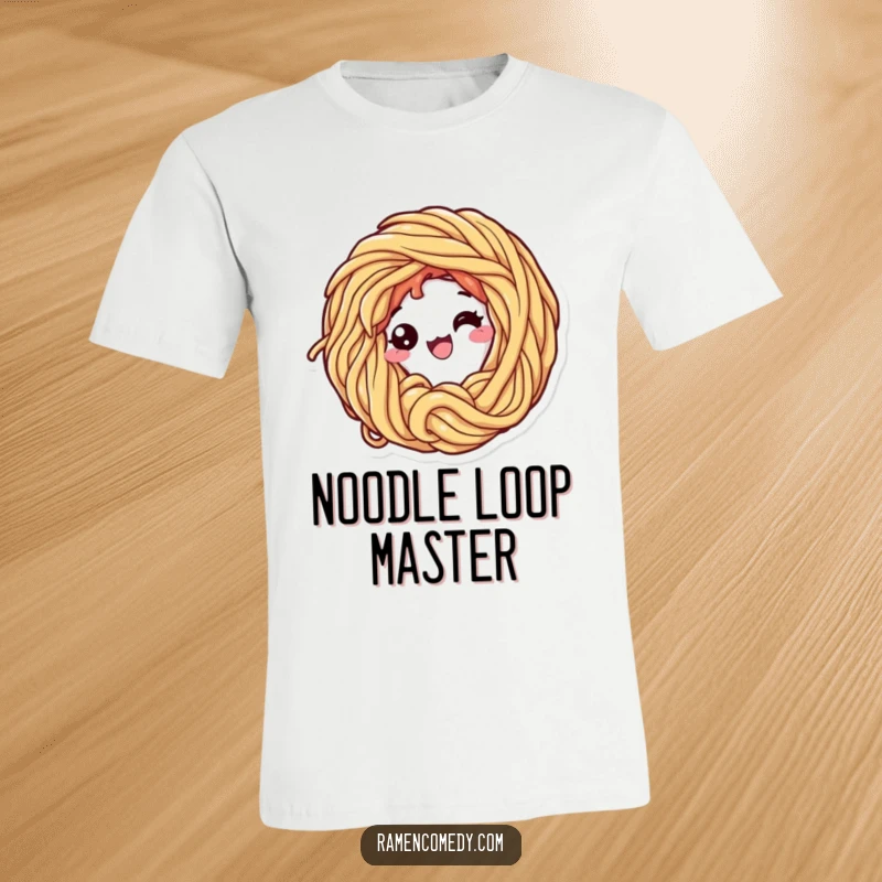 Funny t-shirt graphic of a happy ramen noodle character enthusiastically curling into a circular loop, full of energy and joy.