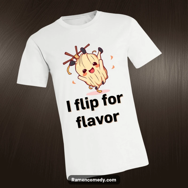 Funny ramen noodle character mid-somersault on a t-shirt, radiating pure delight and playful energy.