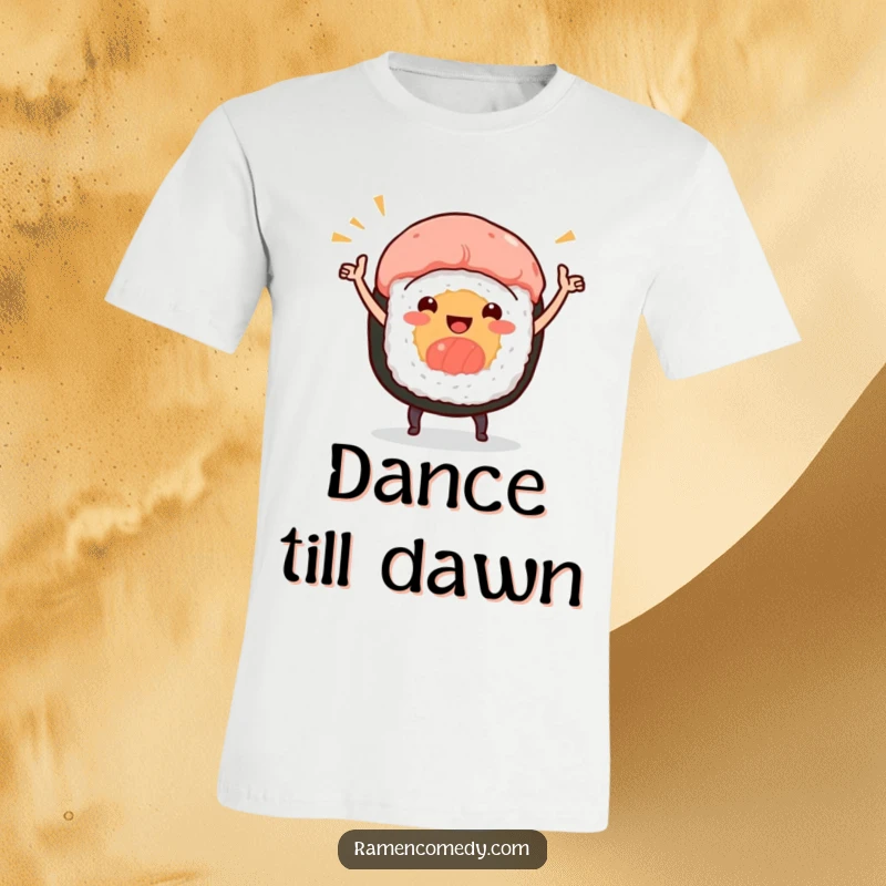 Funny t-shirt showcasing a smiling sushi roll character performing an energetic celebratory dance, full of delicious fun.