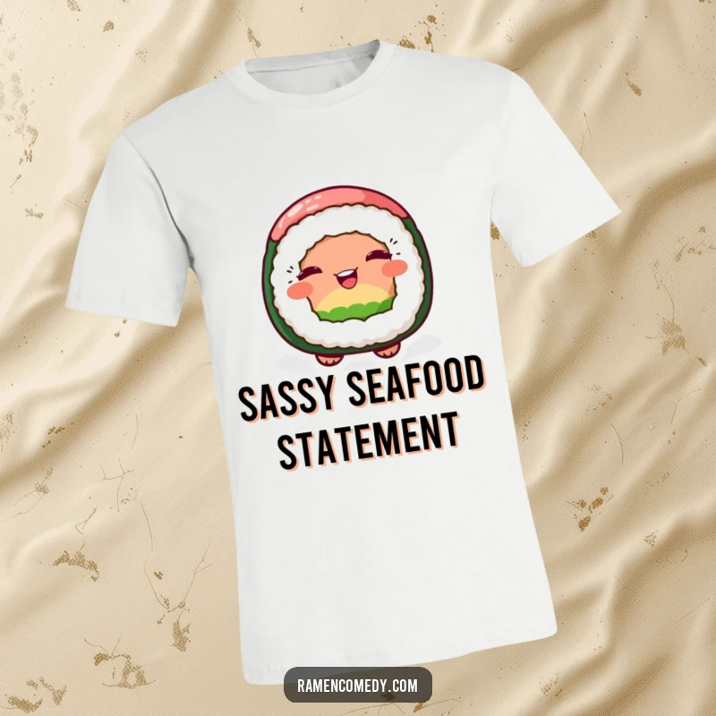 Funny t-shirt design of a cheerful sushi roll character playfully winking, radiating fun and friendliness.