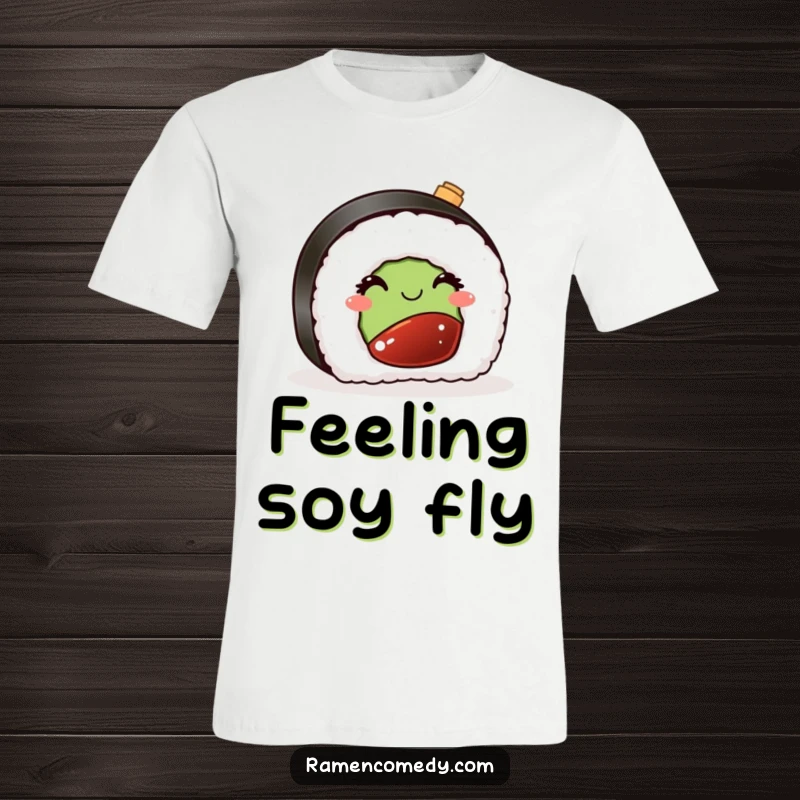Funny t-shirt graphic of a charming sushi piece winking playfully alongside a tiny soy sauce bottle, embodying a fun culinary spirit.