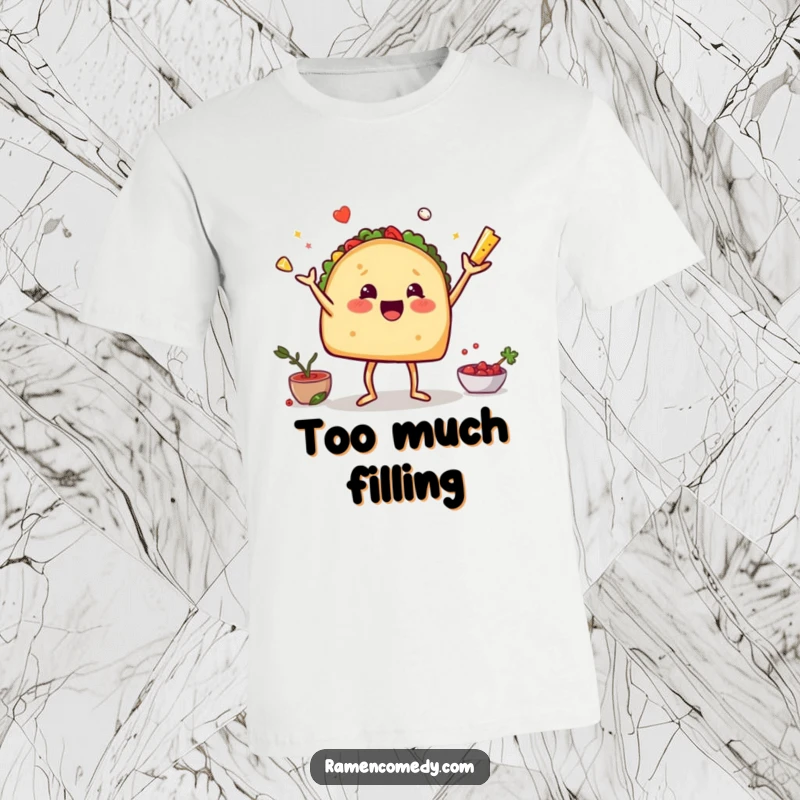 Funny t-shirt showcasing a taco with legs enthusiastically juggling its fresh ingredients in a lively, comical scene.