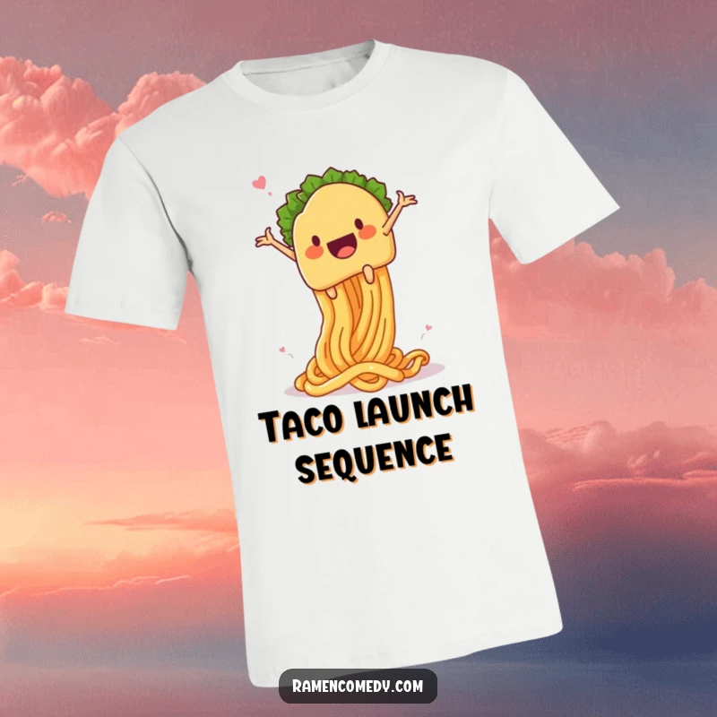 Funny taco noodle launch t-shirt, a taco character dramatically launching from a giant springy noodle, showcasing food-related absurdity.