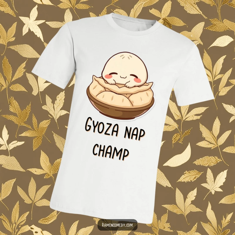 Funny gyoza character smiling contentedly while napping on a steaming pile, printed on a soft t-shirt.