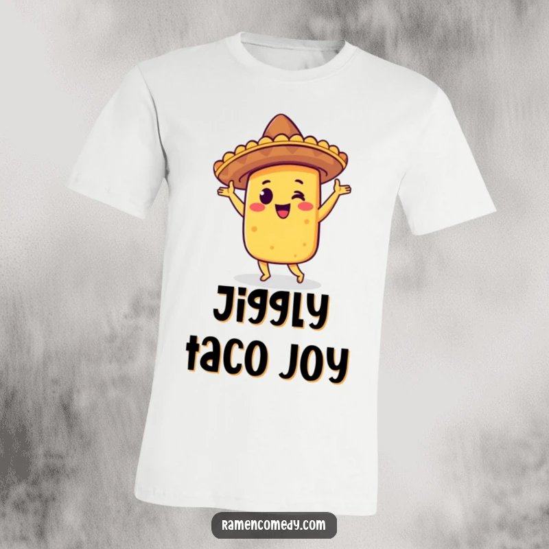 Funny taco jig t-shirt featuring a cheerful taco in a sombrero, joyfully dancing and celebrating a festive Mexican fiesta.