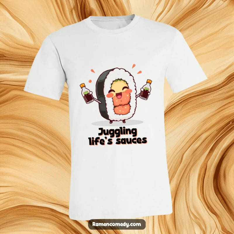 Funny Sushi Roll T-Shirt: A cheerful sushi roll winks playfully while juggling soy sauce bottles, perfect for foodies.