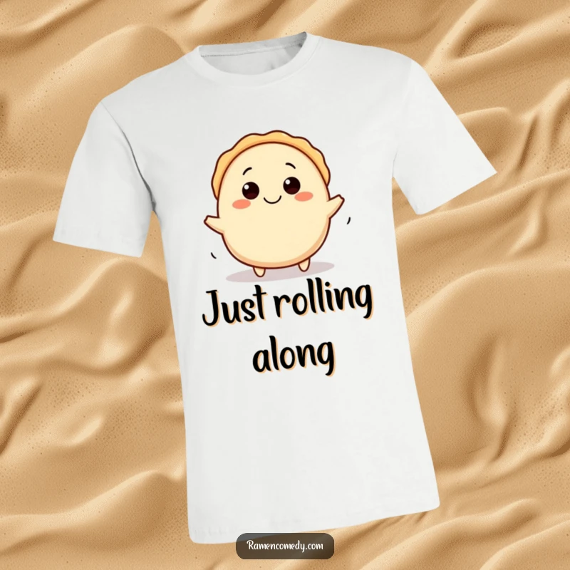 Funny gyoza t-shirt featuring a happy character in a dynamic rolling motion, perfect for casual humor.