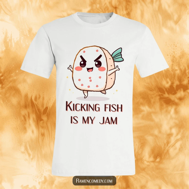 Funny onigiri t-shirt depicting a cheerful rice ball character determinedly kicking a flying fish cake in a comical action scene.