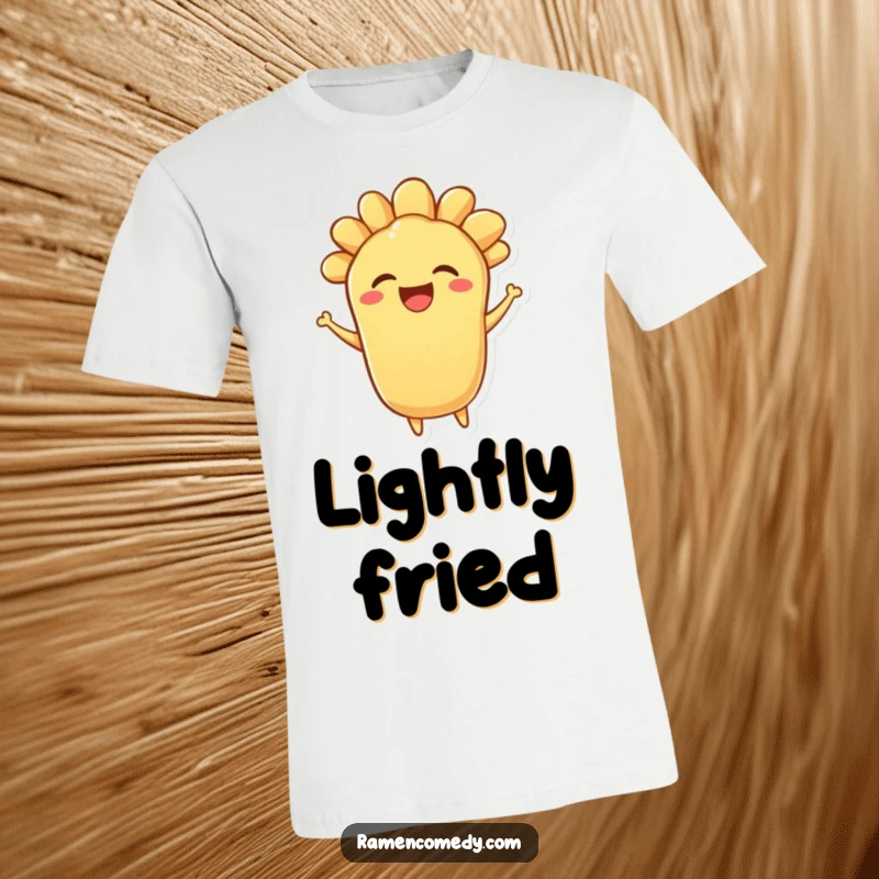 Funny t-shirt showcasing a happily bouncing piece of tempura character with a wide, delighted expression, full of crispy fun.