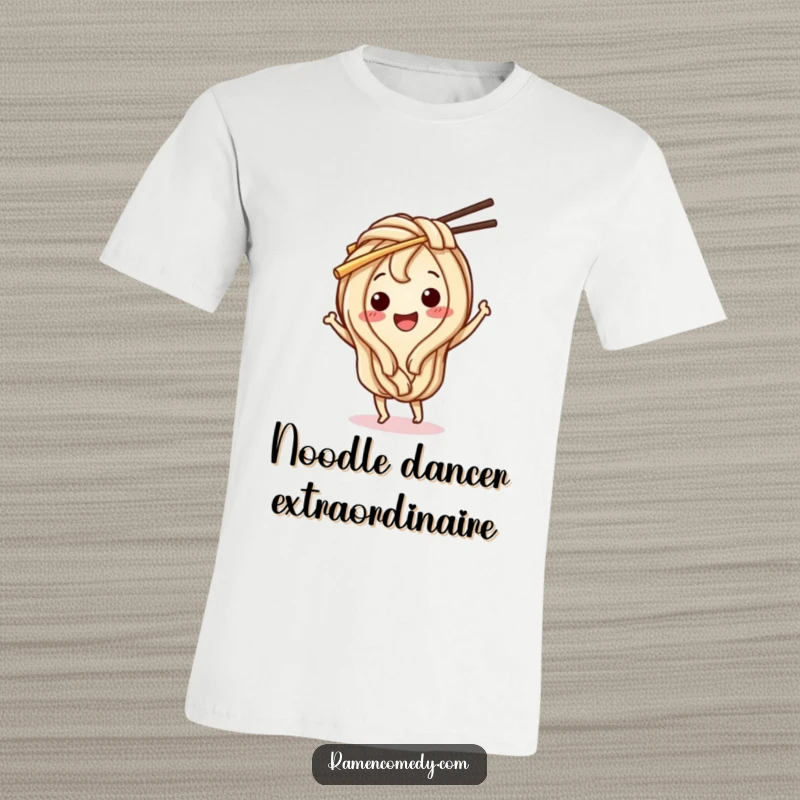 Funny Udon Noodle T-Shirt: A happy udon noodle character dances with chopsticks, showcasing joyful food and noodle love.