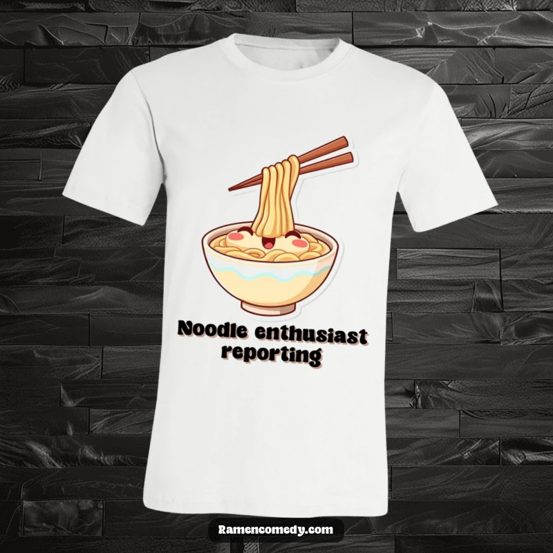 Funny t-shirt graphic of a smiling bowl of ramen happily waving with chopsticks, embodying pure culinary joy.