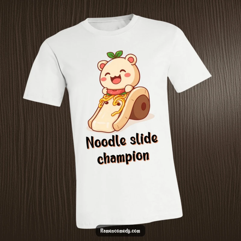 Funny T-Shirt: A cheerful bao bun comically slides down a giant noodle slide, embodying fun and food.
