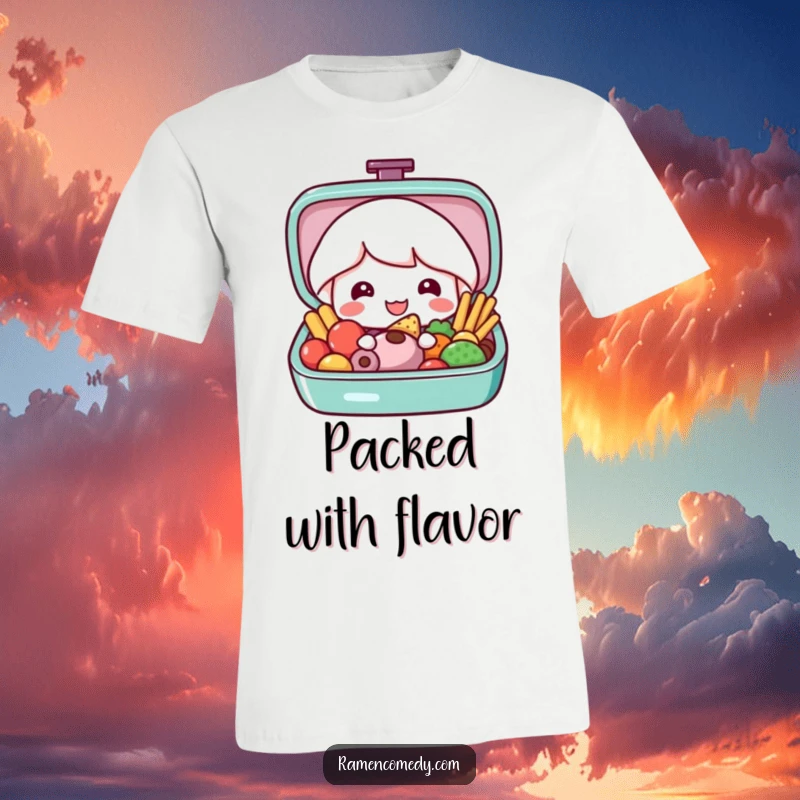 Funny bento box t-shirt featuring a happy bento box character opening to reveal a beautifully arranged, colorful assortment of food.