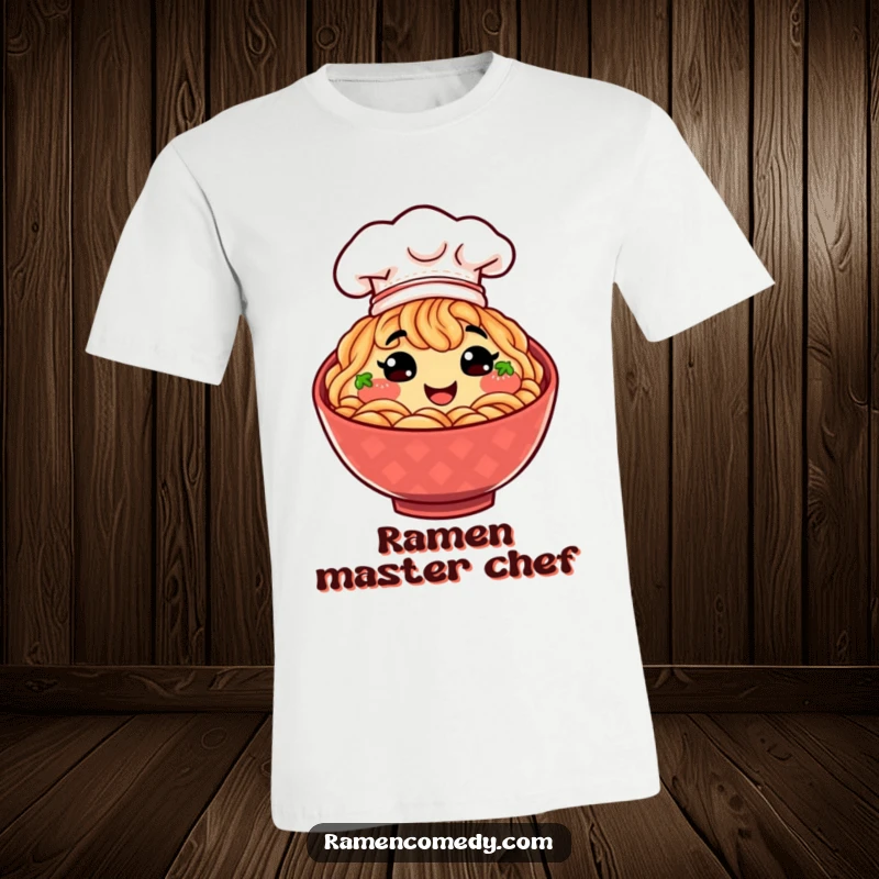 Funny smiling bowl of ramen wearing a miniature chef hat, a fun and tasty graphic tee design.