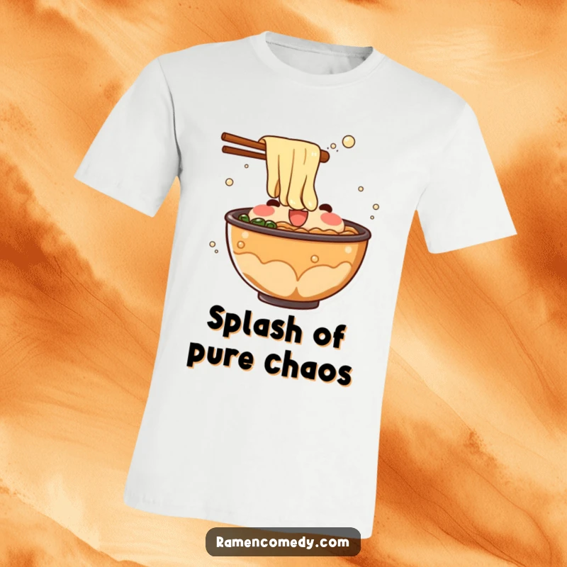 Funny ramen broth t-shirt featuring a bubbling character intentionally splashing out of a bowl, creating a moment of surprise.