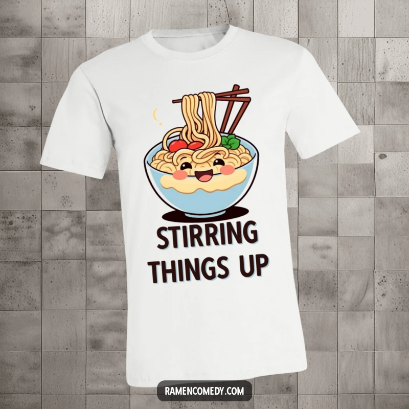 Funny t-shirt with a smiling, wiggling bowl of noodles expressing pure delight and culinary joy.