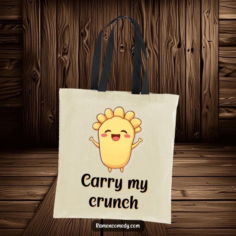 Funny tote bag depicting a bouncing piece of tempura character with a wide, delighted expression, full of crispy fun.
