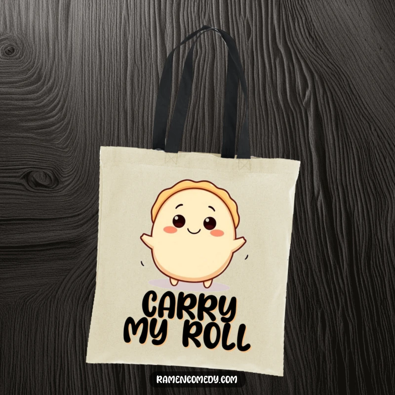 Funny gyoza tote bag featuring a happy character rolling along, perfect for carrying items with a smile.