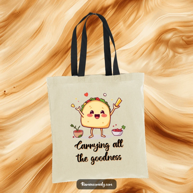 Funny tote bag featuring a walking taco artistically juggling its ingredients, perfect for grocery or beach trips.