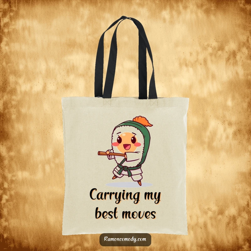Funny happy sushi roll character doing a karate chop, tote bag. Practical and humorous funny gift.