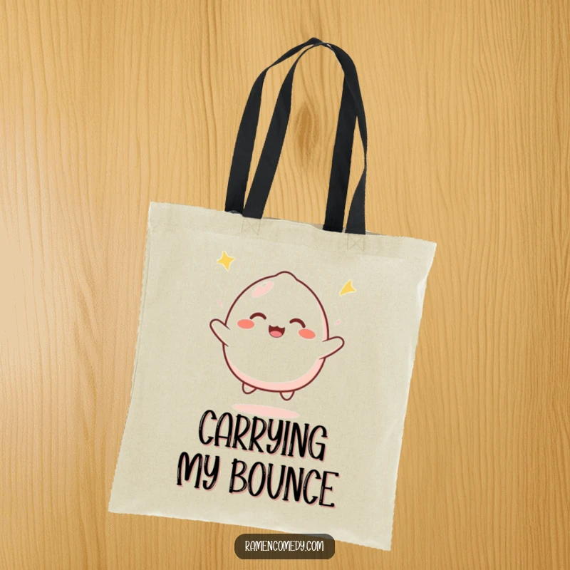 Funny mochi bounce tote bag featuring a smiling mochi character bouncing with infectious joy, perfect for carrying everyday items.