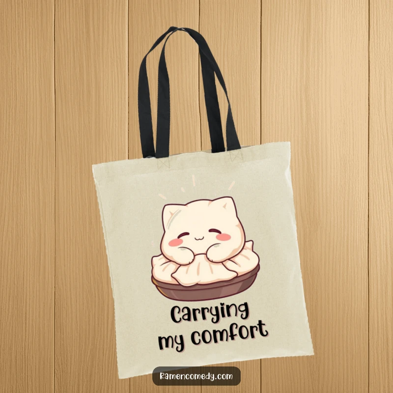 Funny Gyoza Tote Bag: A happy gyoza character with a satisfied smile naps on a steaming pile, perfect for carrying essentials.