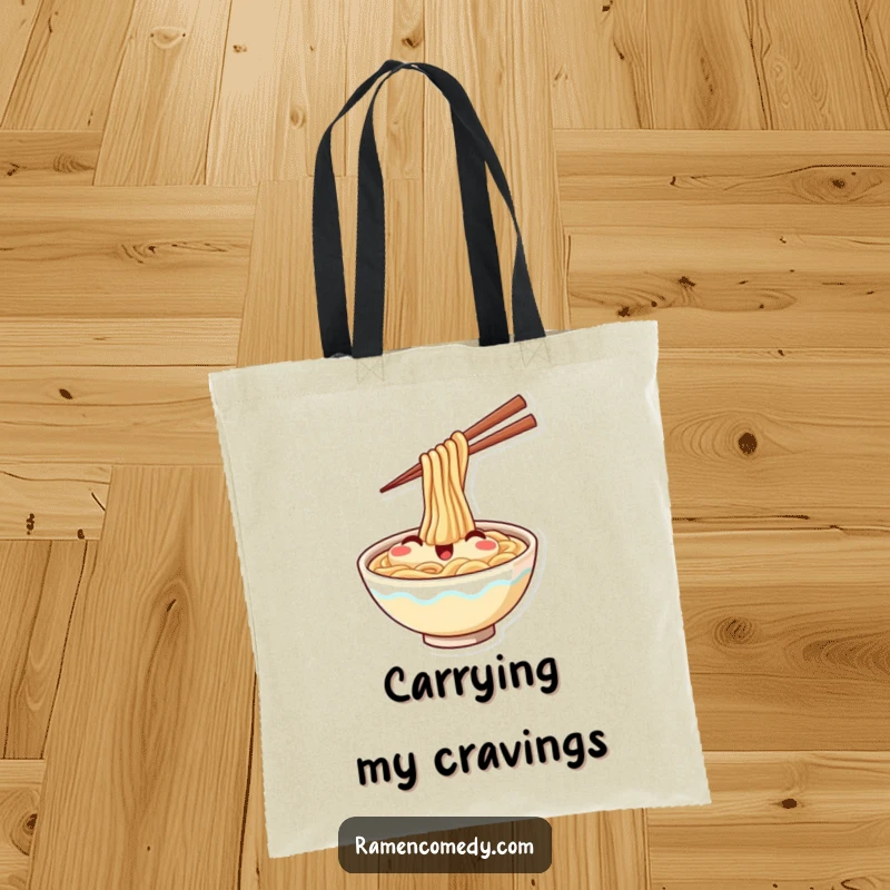 Funny tote bag illustration of a beaming bowl of ramen happily waving with chopsticks, perfect for carrying groceries or daily essentials.