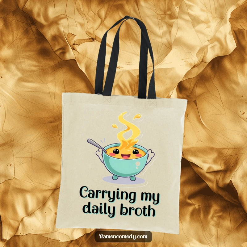 Funny tote bag featuring a playful soup character with spoon hands, splashing with delight. A charming and practical carry-all.