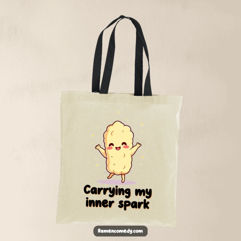 Funny dancing tempura character showering tiny sparks, tote bag. Practical and humorous funny gift.