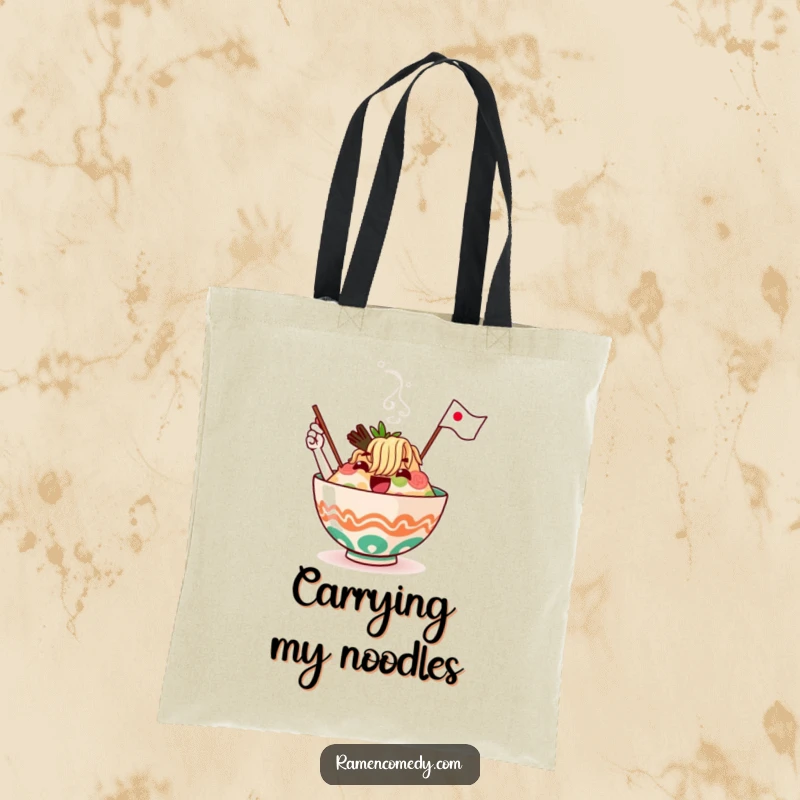 Funny ramen bowl character with steam and a waving flag, printed on a durable and stylish tote bag.