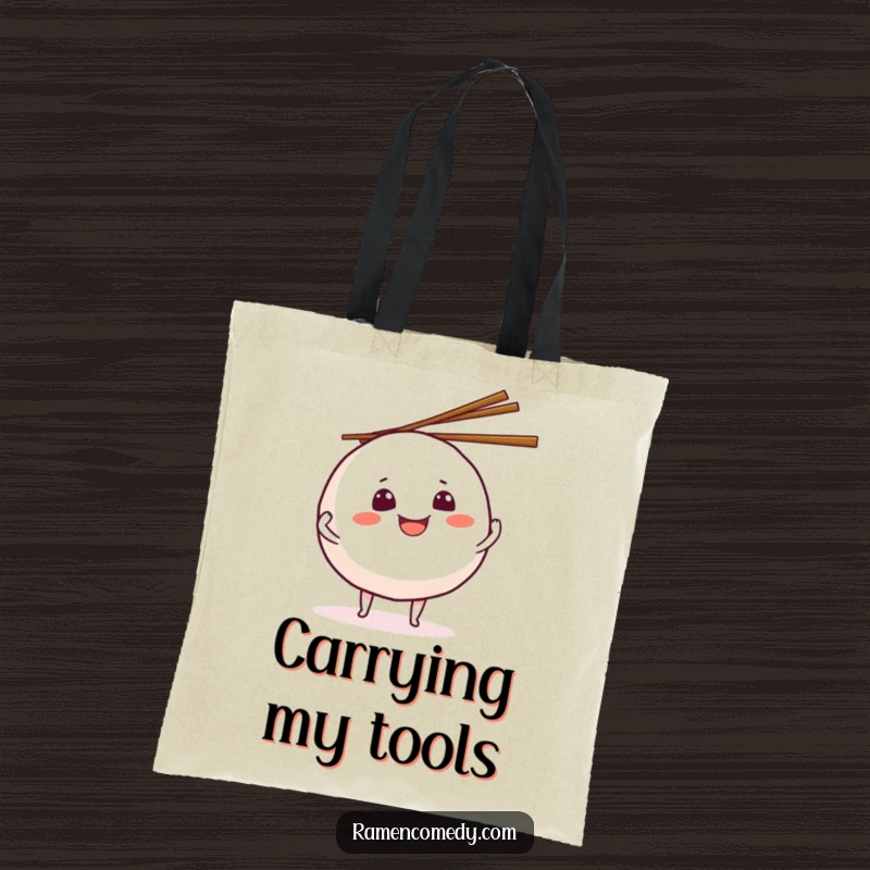 Funny grinning onigiri tote bag, a cute rice ball character juggling chopsticks, perfect for carrying groceries with a smile.