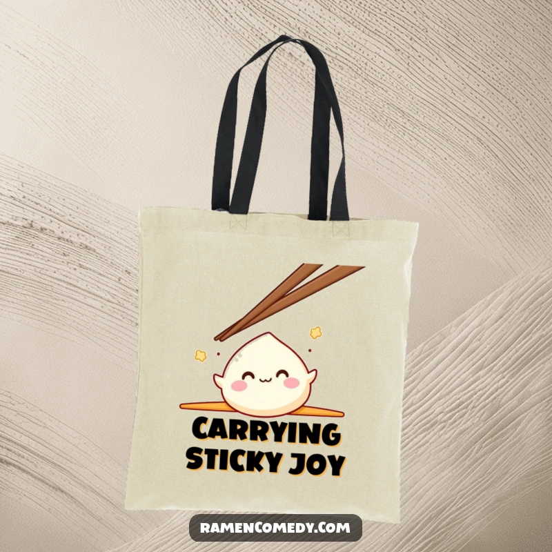 Funny Mochi Tote Bag featuring a smiling mochi character gleefully bouncing between two oversized chopsticks, great for everyday use.