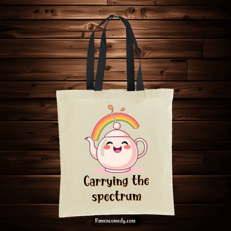 Funny Rainbow Tea Tote Bag featuring a cheerful teapot character comically spouting a vibrant rainbow, ideal for everyday use.