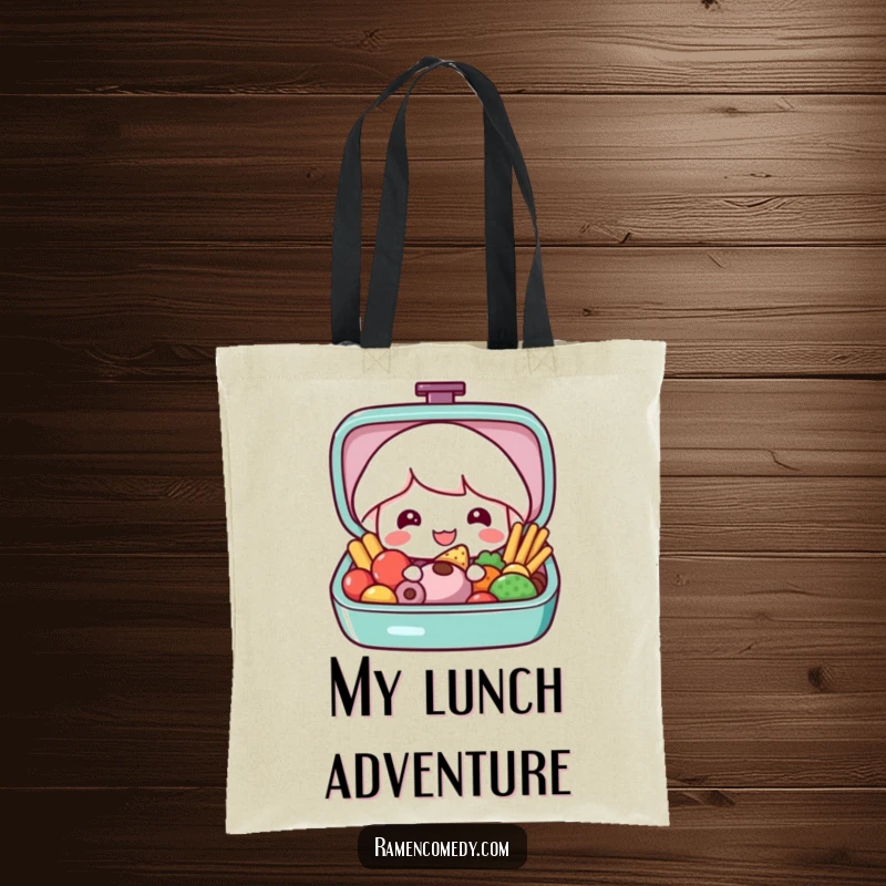 Funny bento box tote bag featuring a happy bento box character opening to reveal a mouthwatering display of colorful food, great for groceries.